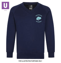 Laden Sie das Bild in den Galerie-Viewer, Woodside Academy Navy V-Neck Sweatshirt with logo (Year 6)