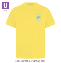 Laden Sie das Bild in den Galerie-Viewer, Woodside Academy Yellow P.E. Crew Neck T-Shirt with logo