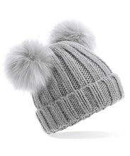 Load image into Gallery viewer, Grey Beechfield Junior Faux Fur Double Pom Pom Beanie