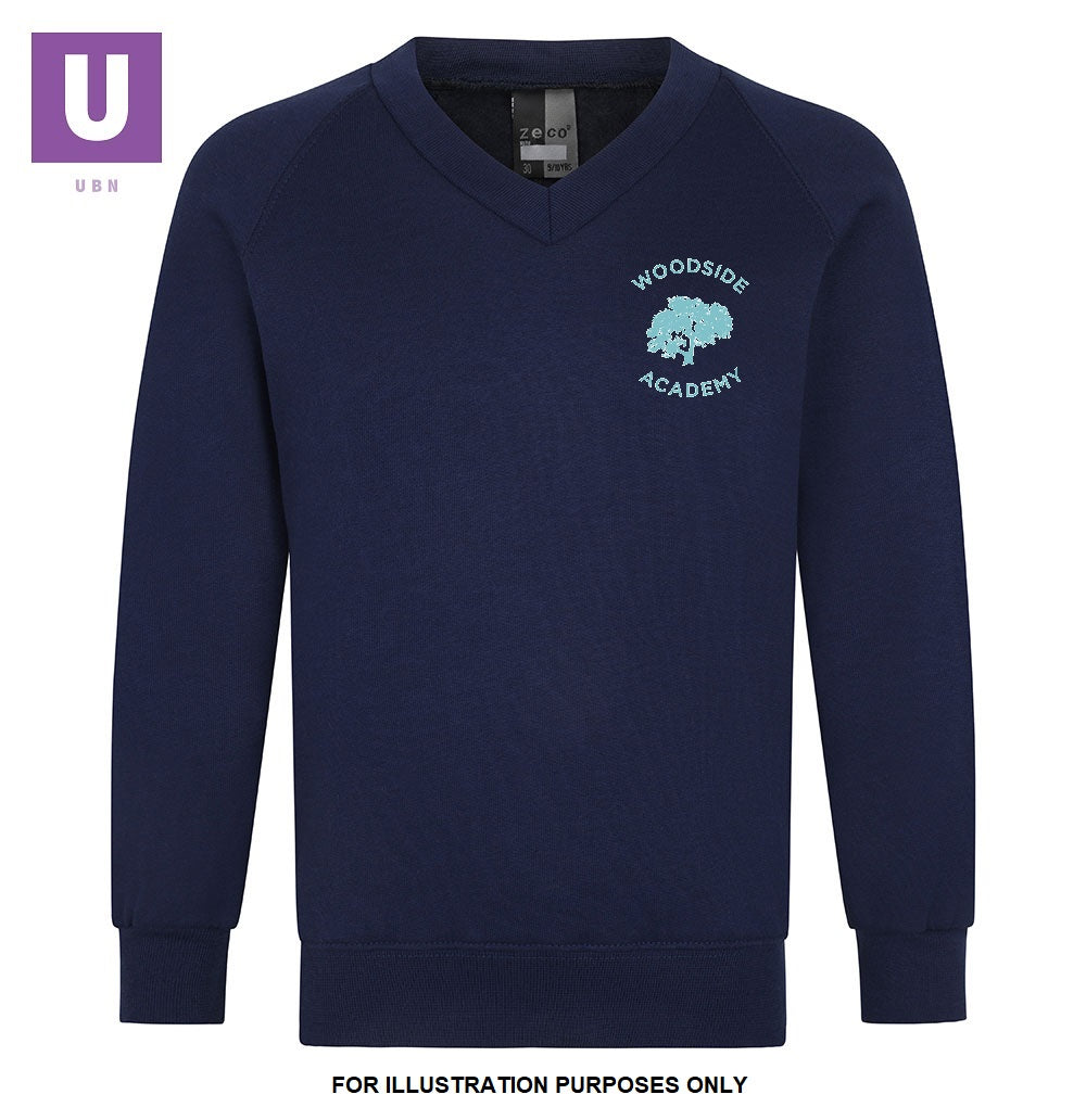 Woodside Academy Year 6 Navy V-Neck Sweatshirt with logo