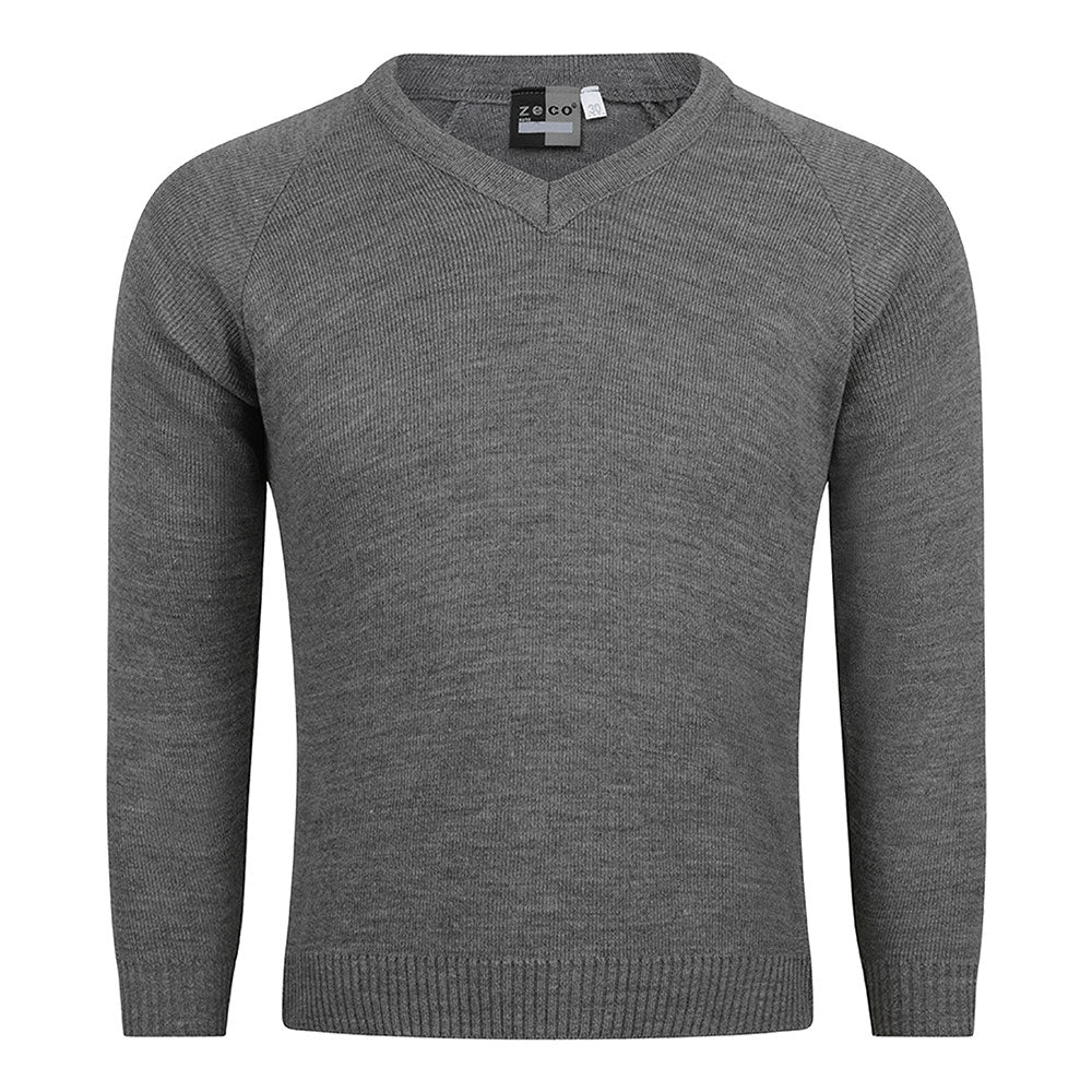 Grey Plain Knitted V-Neck Jumper