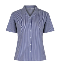 Load image into Gallery viewer, Trutex Navy Short Sleeve Revere Collar Striped Blouse (Twin Pack)