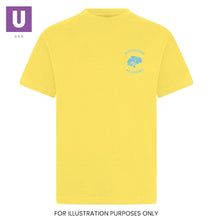 Load image into Gallery viewer, Woodside Academy Yellow P.E. Crew Neck T-Shirt with logo